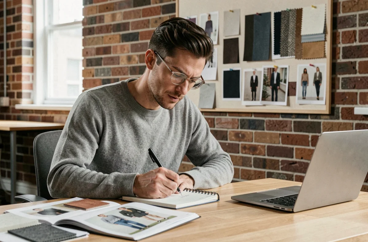Acheteur de mode masculin analysant des échantillons de tissu et des lookbooks dans un studio de design contemporain