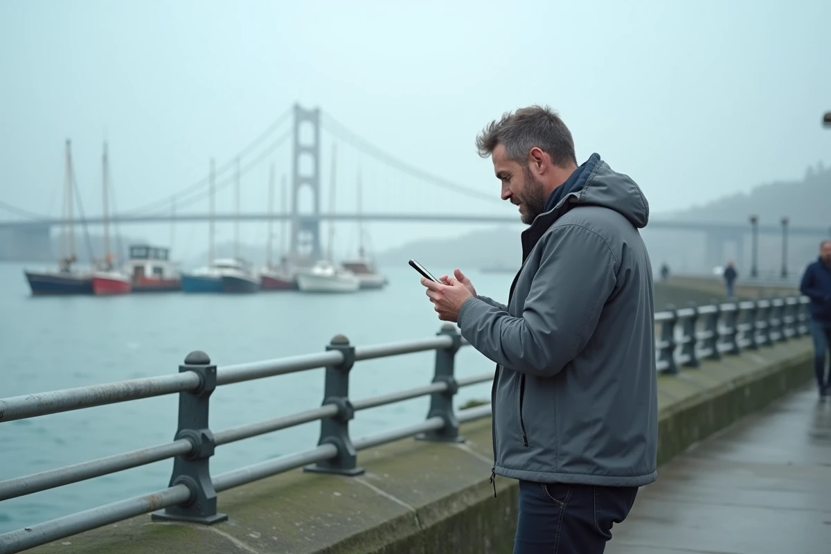 Homme consultant son smartphone sur le port de Brest avec le pont de Recouvrance en arrière-plan, symbolisant l'actualité numérique et connectée en Bretagne