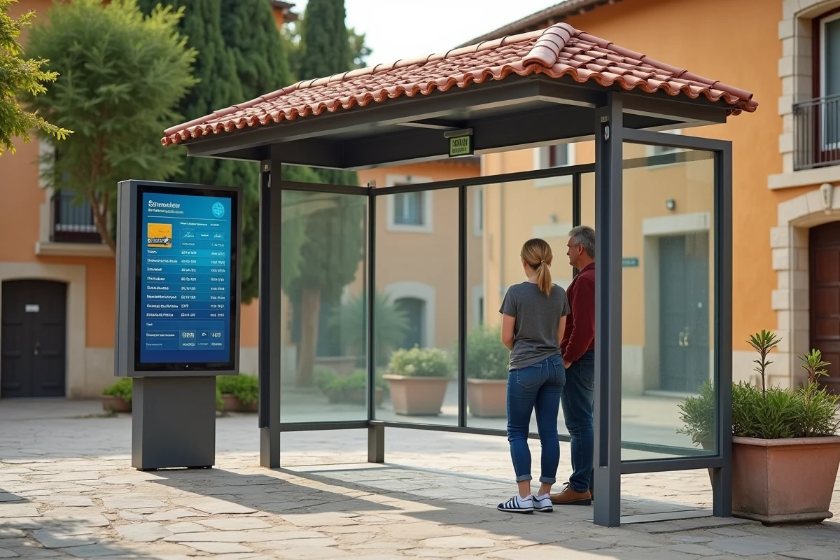 Tableau d'affichage des horaires de cars régionaux PACA à un arrêt de bus dans un village provençal
