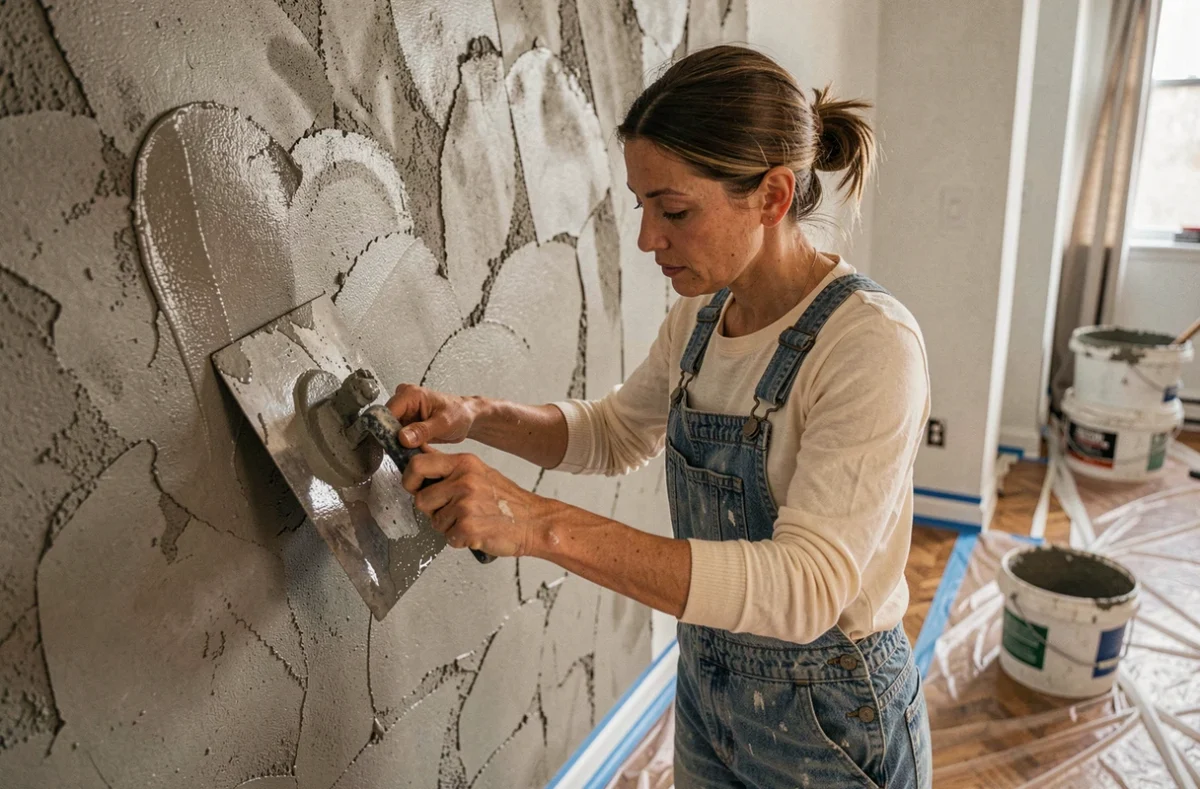 Artisane appliquant du béton ciré à la spatule sur un mur de salon en cours de rénovation, ambiance chantier authentique et artisanale