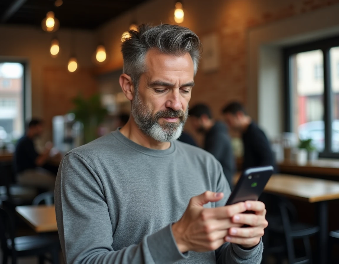 Homme utilisant une application d'authentification à deux facteurs sur son smartphone dans un café pour protéger son compte en ligne