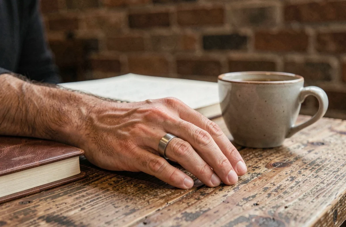 Main masculine avec une bague en titane portée sur l'auriculaire posée sur une table en bois dans un café, style de port de bague pour homme
