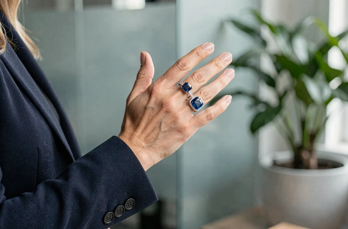 Femme portant une grande bague cocktail à pierre bleue sur le majeur avec une veste marine, exemple de bague statement pour exprimer son style