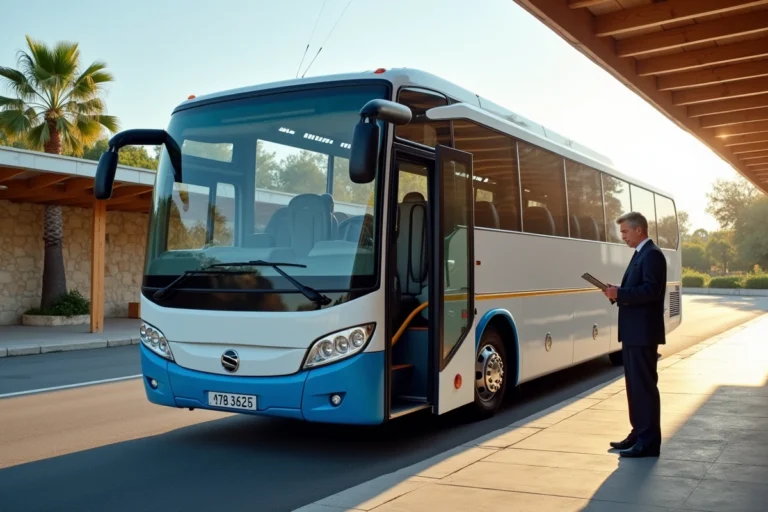 Car régional PACA stationné dans un terminal de bus moderne en Provence avec un chauffeur consultant les horaires