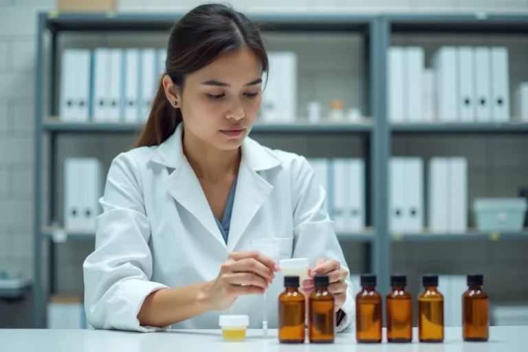 Chercheuse en blouse blanche analysant des produits en flacon dans un laboratoire moderne, illustration de la vérification scientifique des allégations produits