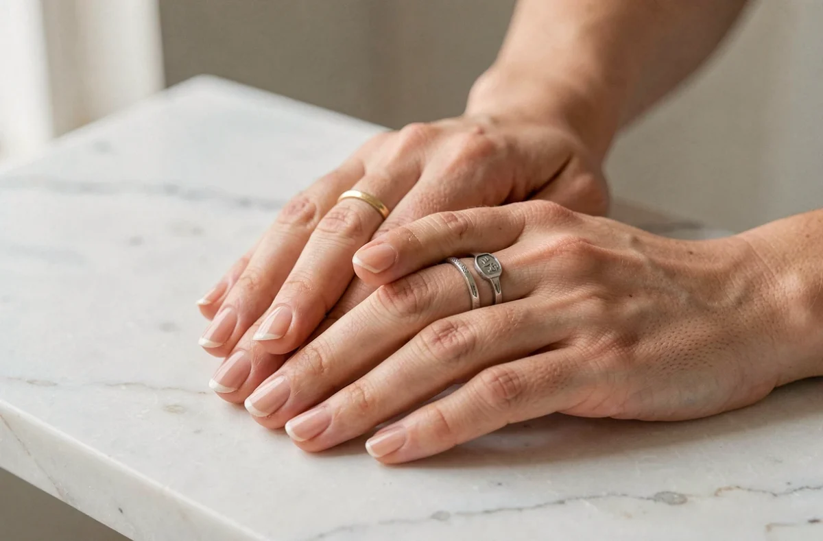 Femme portant plusieurs bagues sur différents doigts posés sur une surface en marbre, guide visuel pour choisir le bon doigt pour sa bague