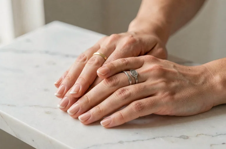 Femme portant plusieurs bagues sur différents doigts posés sur une surface en marbre, guide visuel pour choisir le bon doigt pour sa bague