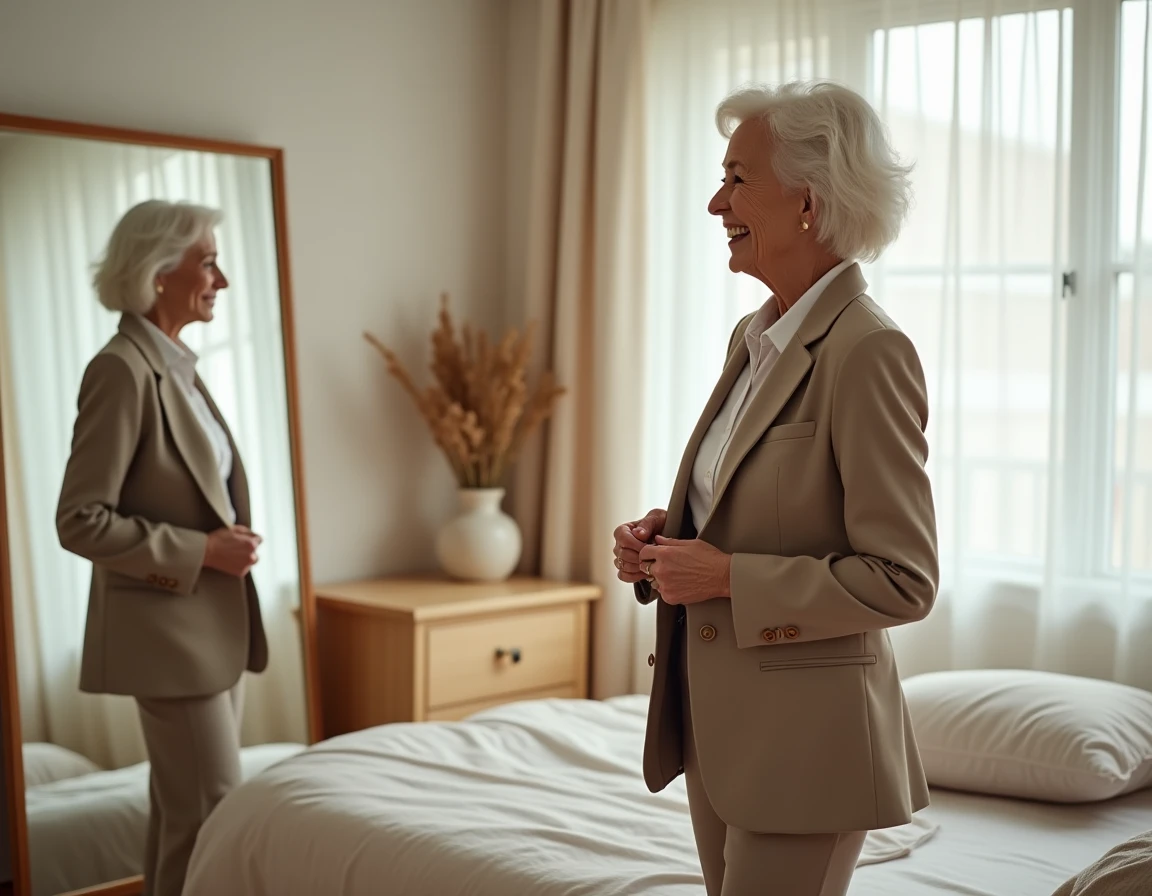 Une femme senior se regarde dans un miroir avec confiance en ajustant sa veste, symbolisant le soin de l'apparence et la reprise de confiance en soi