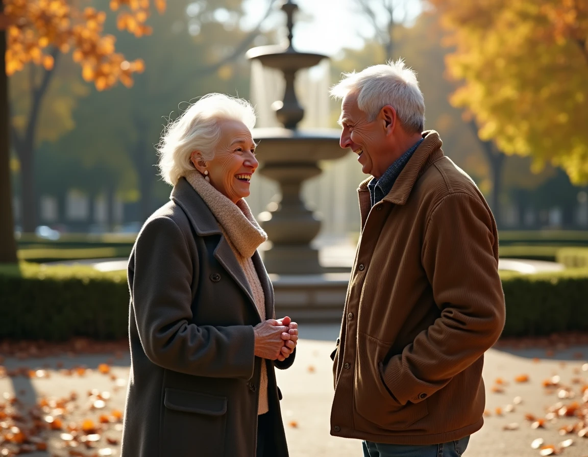 Un homme et une femme seniors conversent avec animation près d'une fontaine dans un parc, illustrant l'art de la conversation de séduction