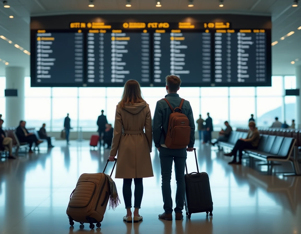 Couple avec bagages regardant un tableau des départs dans un aéroport régional lors d'un voyage en promotion