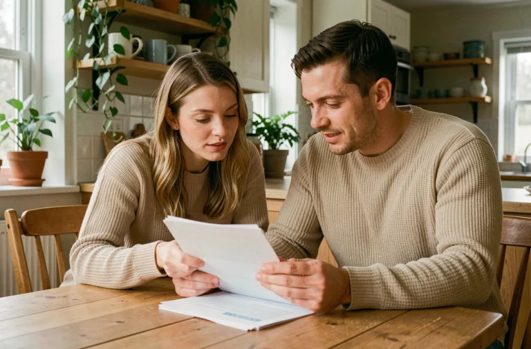 Couple en train de comparer des offres d'assurance familiale autour d'une table en bois dans une cuisine moderne