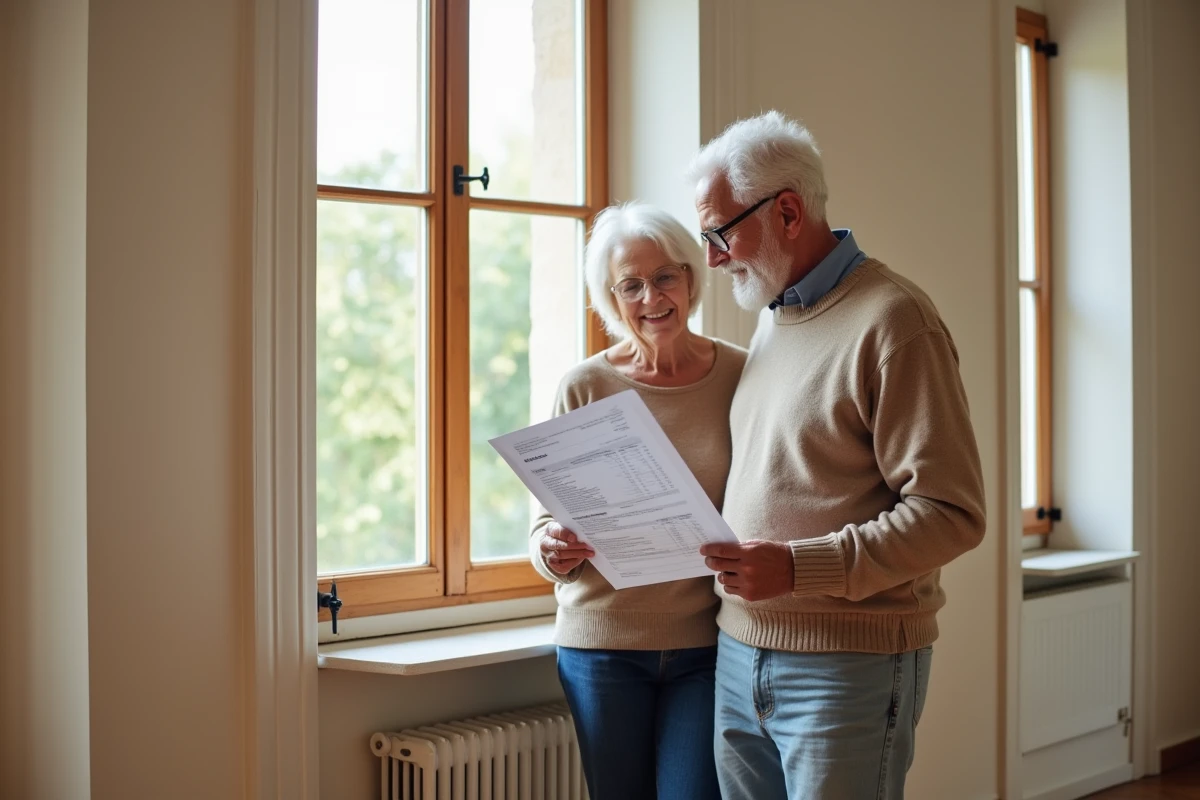 Couple de seniors examinant un devis de remplacement de fenêtres pour optimiser la déduction fiscale de leurs travaux de rénovation énergétique