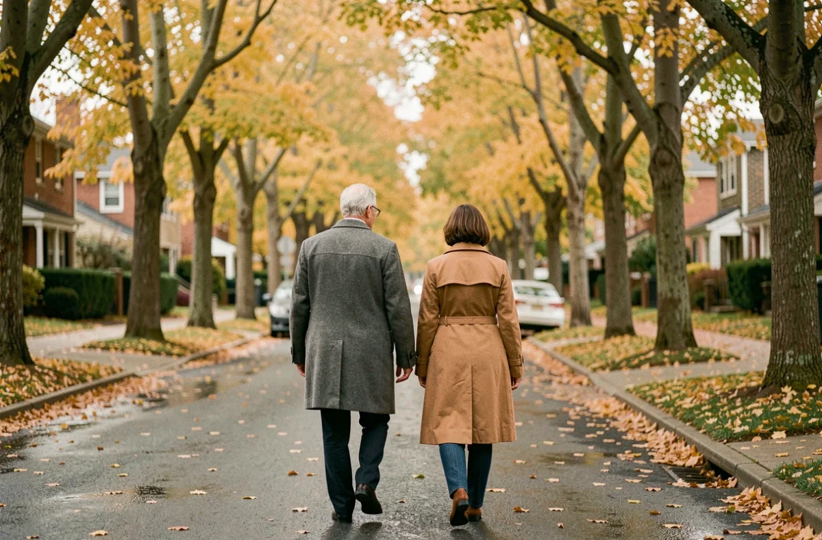 Couple discret marchant dans une rue résidentielle en automne, symbolisant la vie familiale préservée