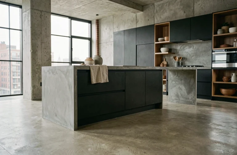 Cuisine moderne avec sol et murs en béton ciré gris-beige, îlot en béton brut et façades noires matte dans un appartement urbain contemporain