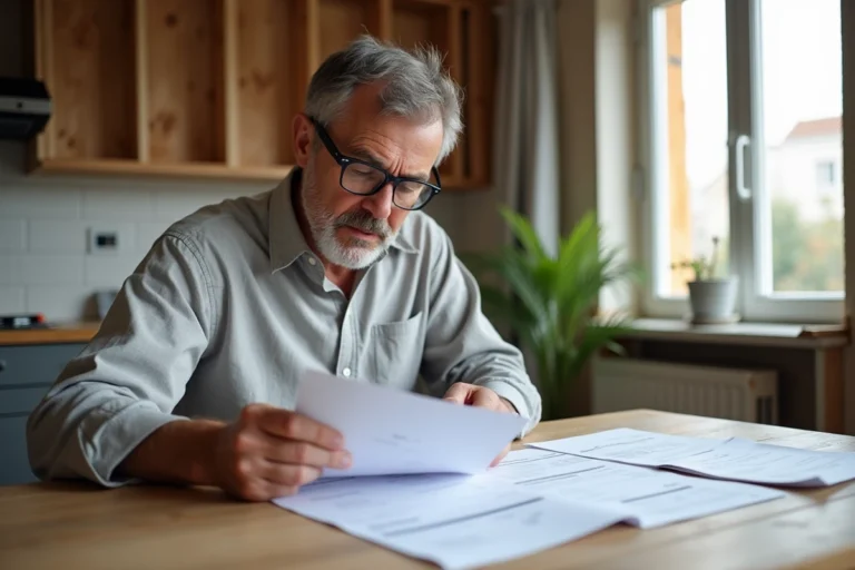 Propriétaire consultant des documents fiscaux pour déduire le remplacement de fenêtres double vitrage lors de travaux de rénovation