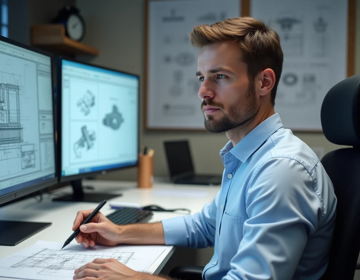 Dessinateur CAO DAO travaillant sur des plans techniques 2D sur écran double dans un bureau d'ingénierie moderne