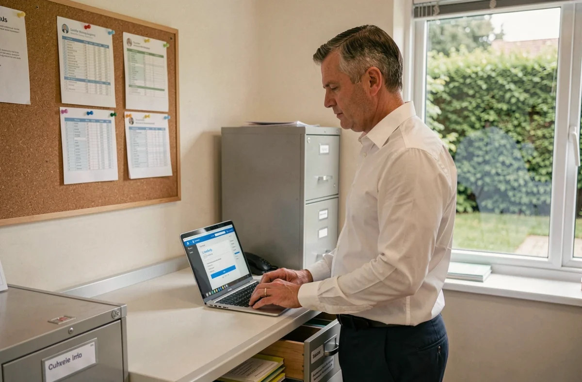 Directeur d'EHPAD debout devant un ordinateur portable pour accéder au portail de gestion netsoins
