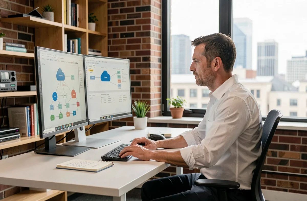 Entrepreneur travaillant sur des solutions cloud et outils numériques dans un bureau de startup pour digitaliser son entreprise