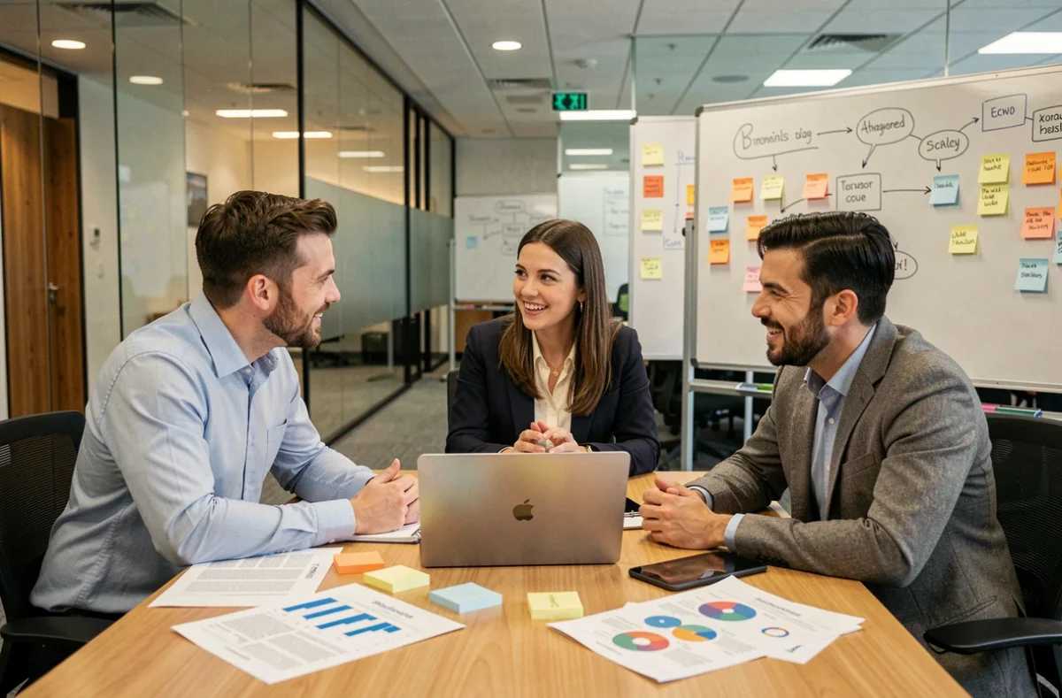 Équipe de professionnels collaborant autour d'une table pour développer une stratégie de transformation digitale