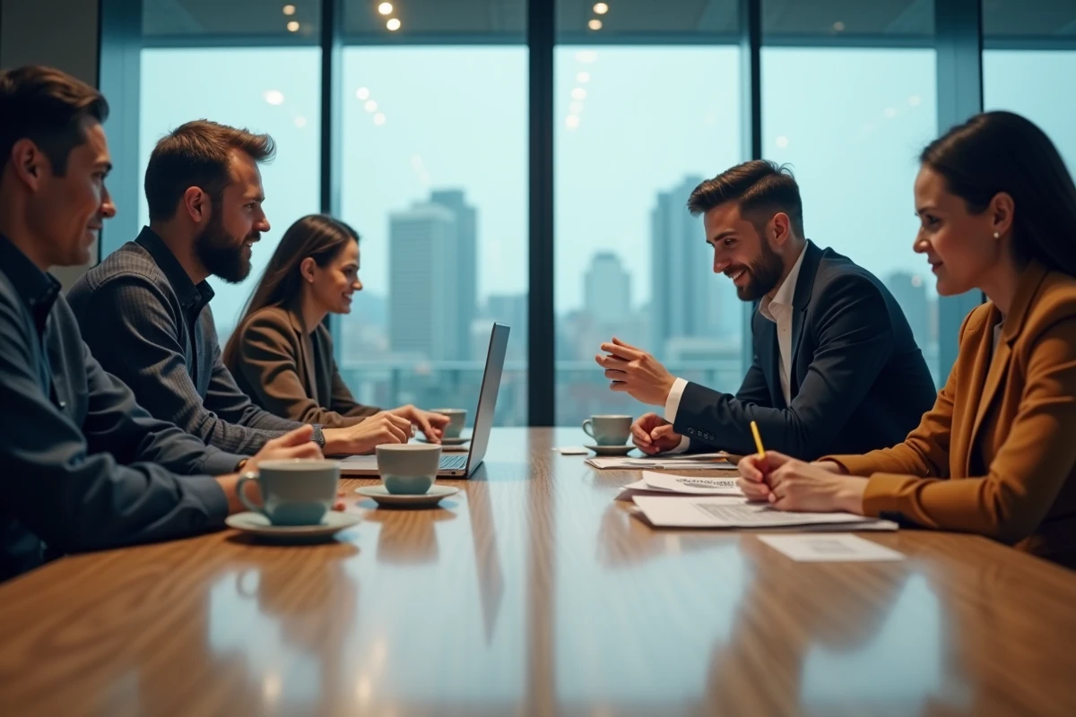 Équipe d'entreprise en réunion de stratégie de croissance autour d'une table de conférence