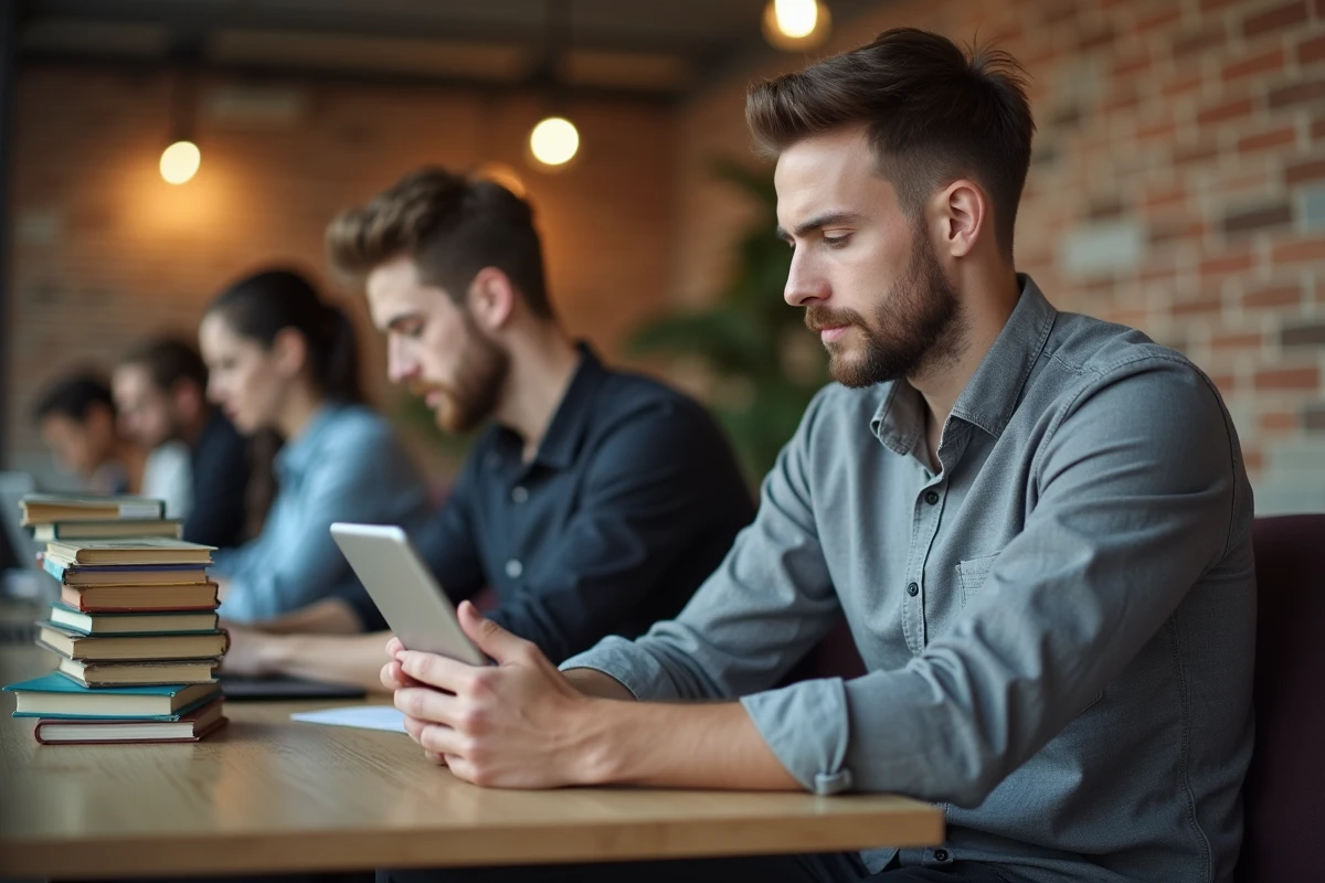 Jeune étudiant révisant son CV sur une tablette dans un espace de co-working pour optimiser sa recherche d'emploi