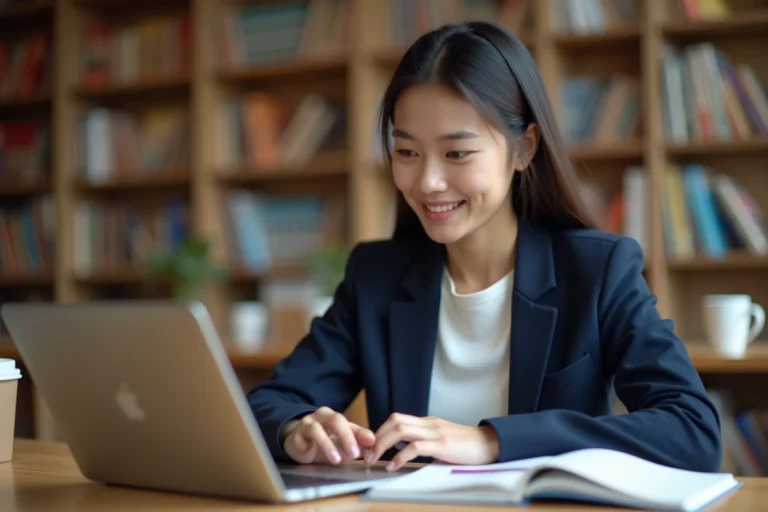 Étudiante en blazer marine consultant une plateforme de recrutement sur son ordinateur portable dans une bibliothèque universitaire moderne