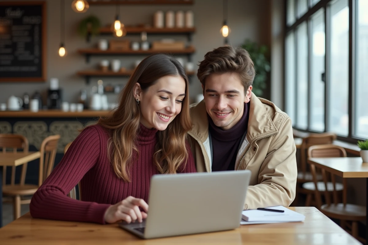 Deux étudiants collaborant sur une plateforme de recrutement en ligne depuis un café, discutant d'opportunités d'emploi