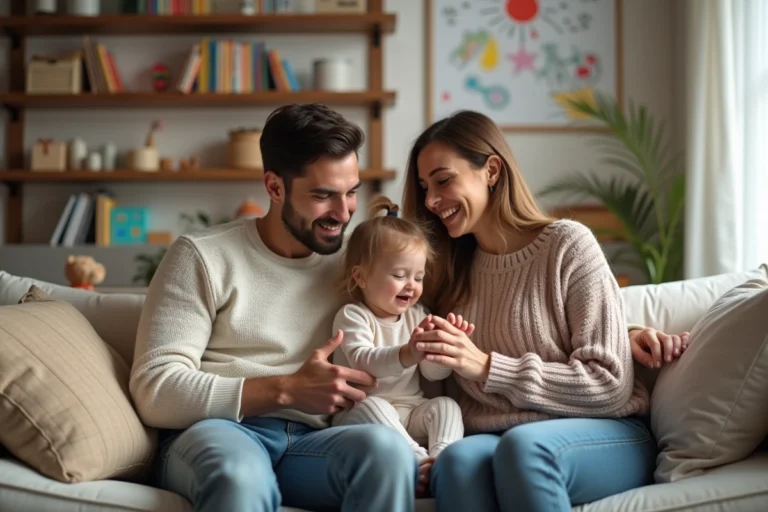 Jeune couple jouant avec leur fille dans le salon
