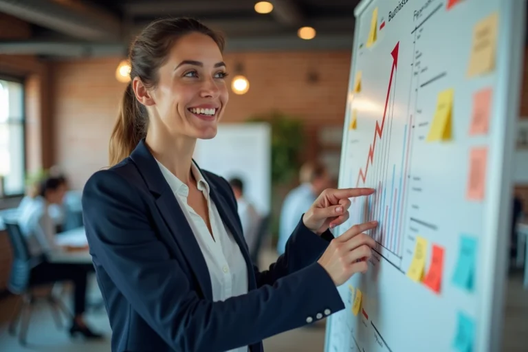 Femme d'affaires présentant des graphiques de croissance d'entreprise dans un bureau moderne