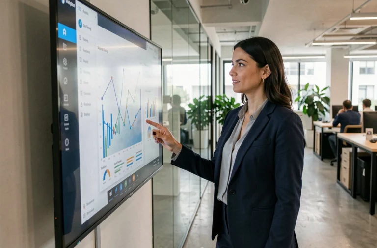 Femme d'affaires interagissant avec un tableau de bord digital dans un bureau moderne pour illustrer la transformation digitale