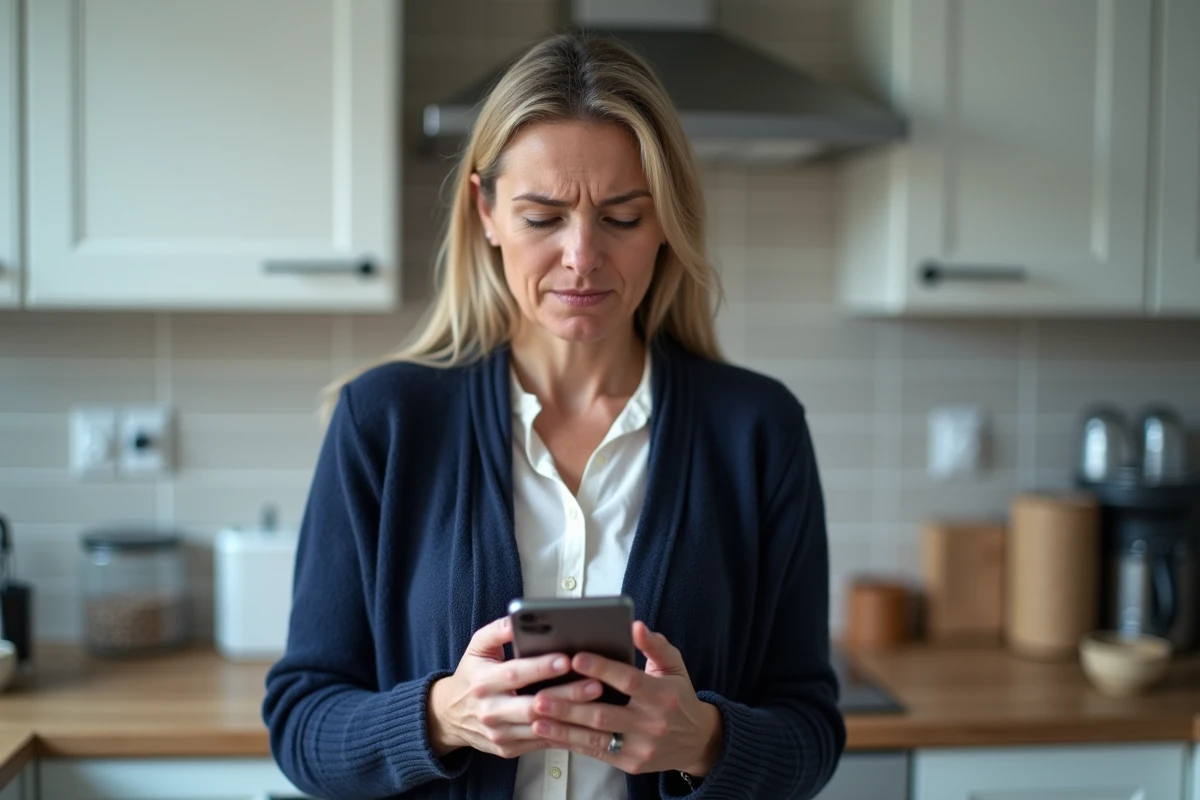 Une femme utilisant son smartphone pour se connecter à Justice Parloir avec FranceConnect dans une cuisine moderne