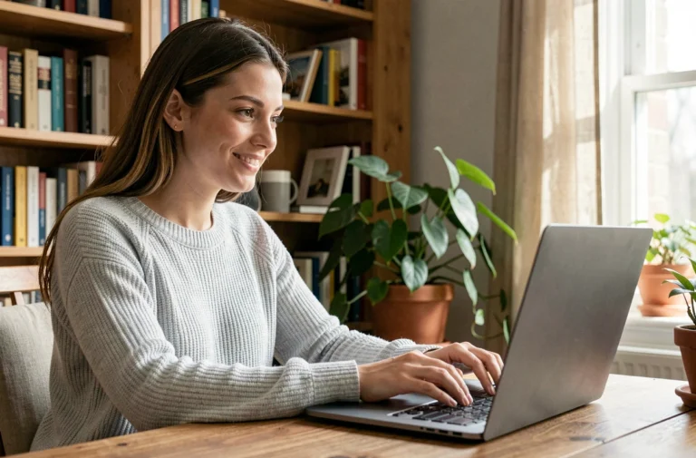 Jeune femme souriante utilisant un tchat en ligne sur son ordinateur portable dans un bureau à domicile chaleureux