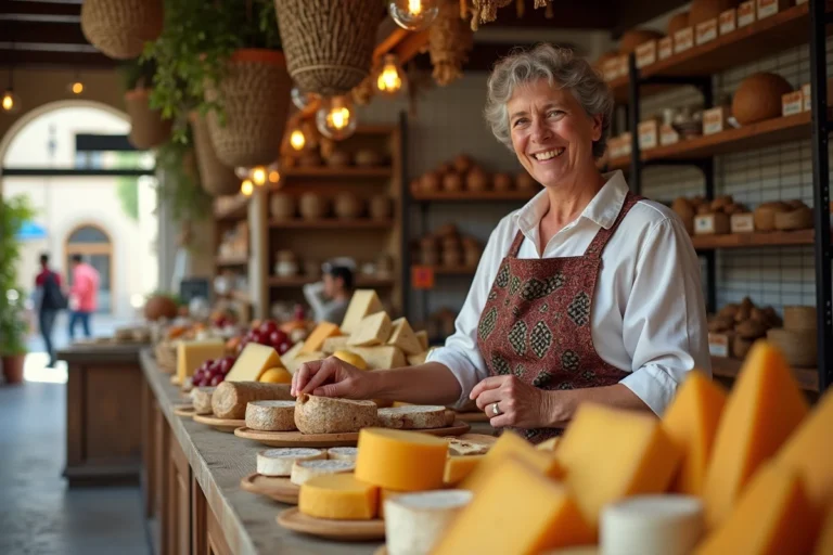 Femme basque souriante derrière un comptoir avec fromages et charcuterie