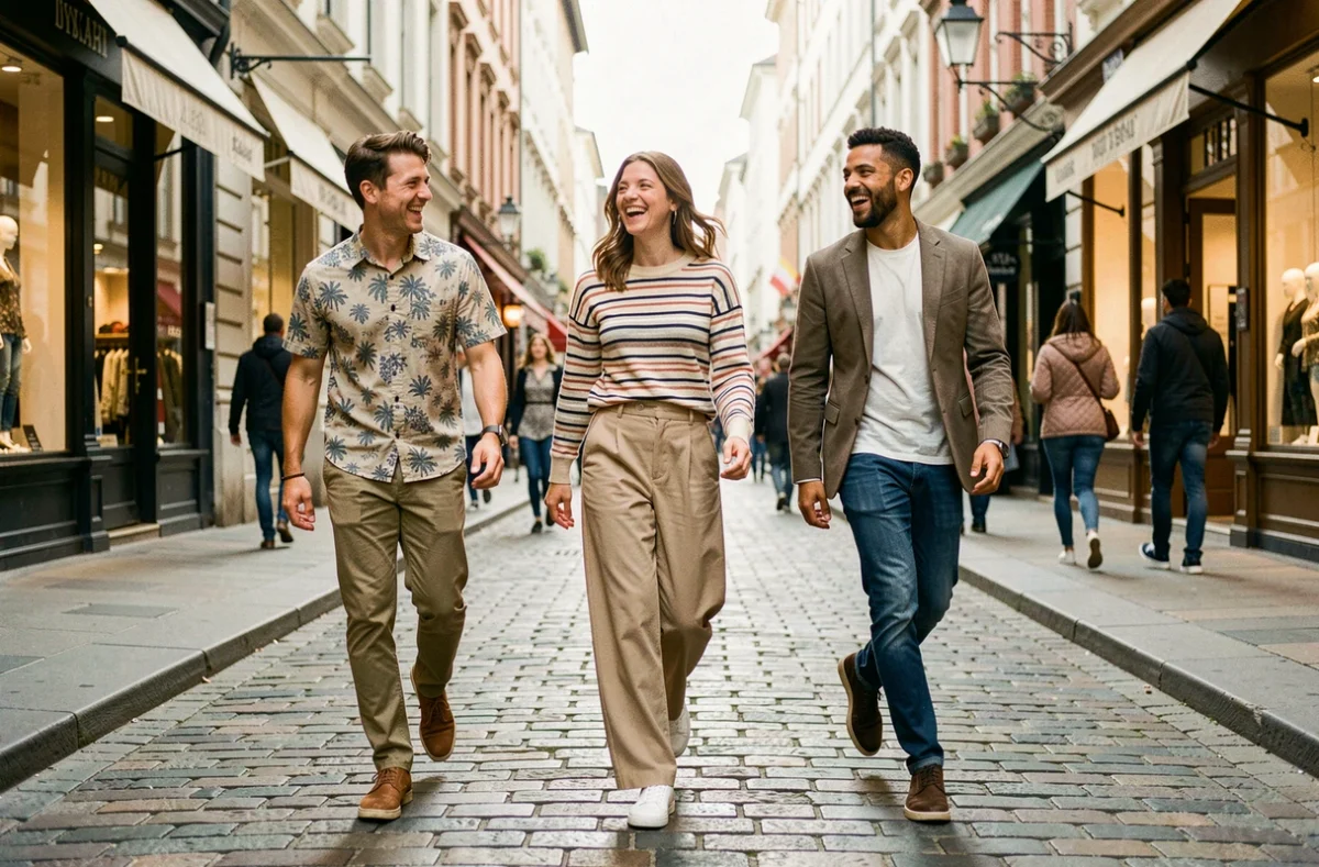 Groupe de jeunes adultes portant des tenues abordables et tendance dans une rue commerçante européenne pavée