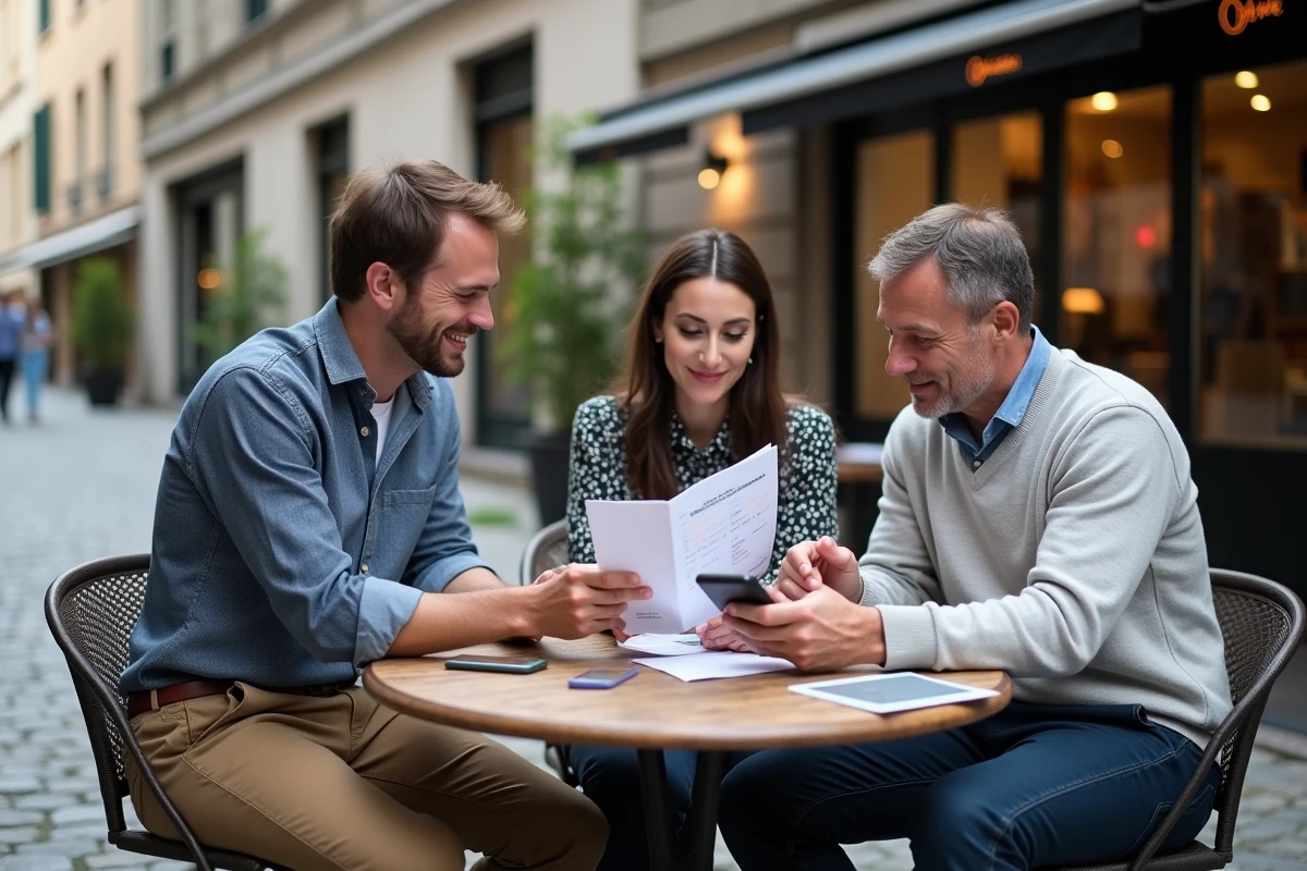 Groupe de petits porteurs discutant d'une stratégie d'investissement en actions autour d'une table en terrasse urbaine