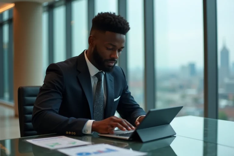 Homme d'affaires noir en costume dans un bureau luxueux