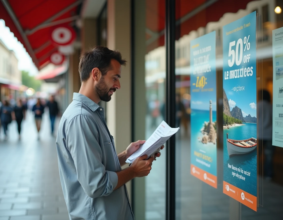 Homme lisant les offres de voyage en promotion devant la vitrine d'une agence Leclerc dans un centre commercial
