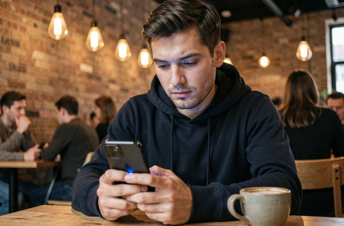 Homme consultant une application de tchat alternatif sur smartphone dans un café moderne en ville