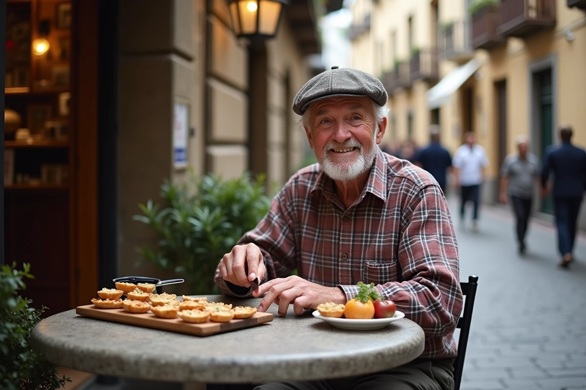 Homme basque âgé dégustant des pintxos en terrasse en plein air