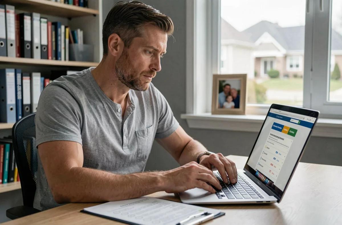 Homme comparant seul des offres d'assurance sur son ordinateur portable dans un bureau à domicile