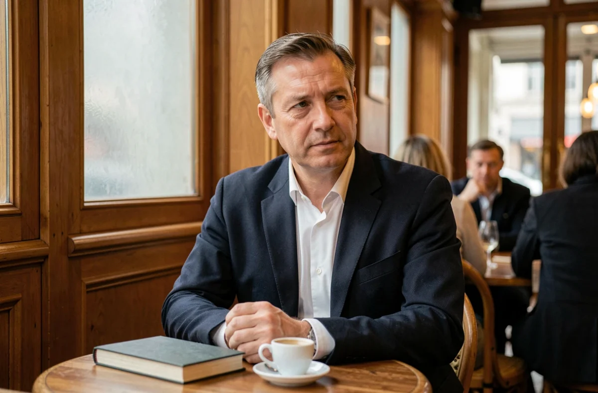 Homme discret attablé seul dans un café parisien, évoquant la vie privée et la réserve personnelle