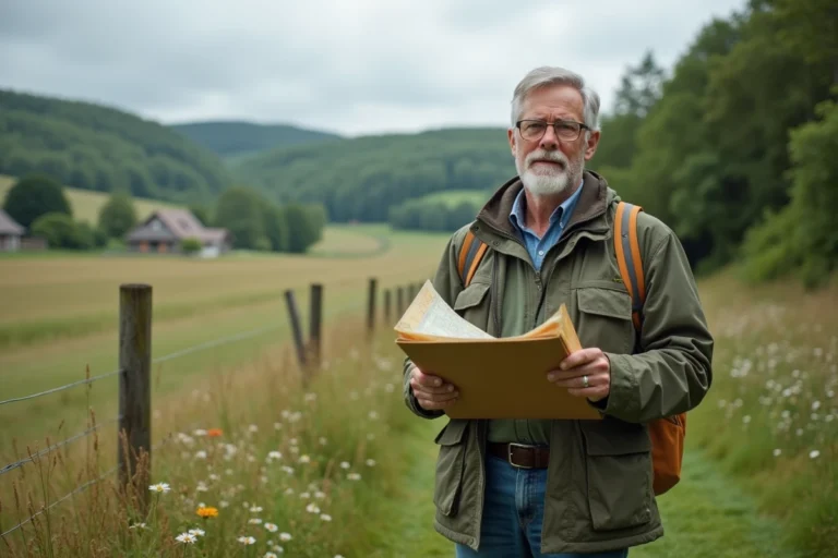 Homme d'âge moyen avec carte et clipboard dans la nature