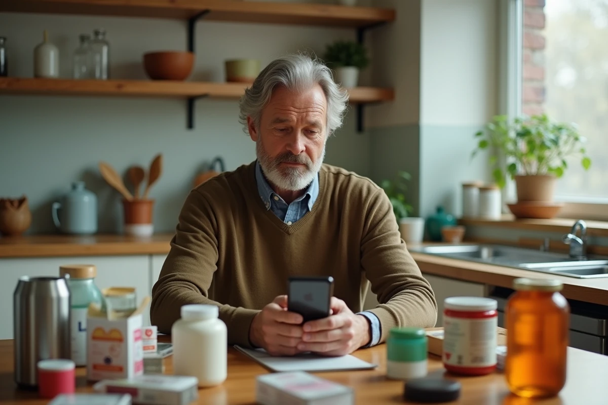 Homme à la cuisine comparant des produits de consommation et vérifiant les allégations sur son smartphone, thème du mythe versus réalité des produits