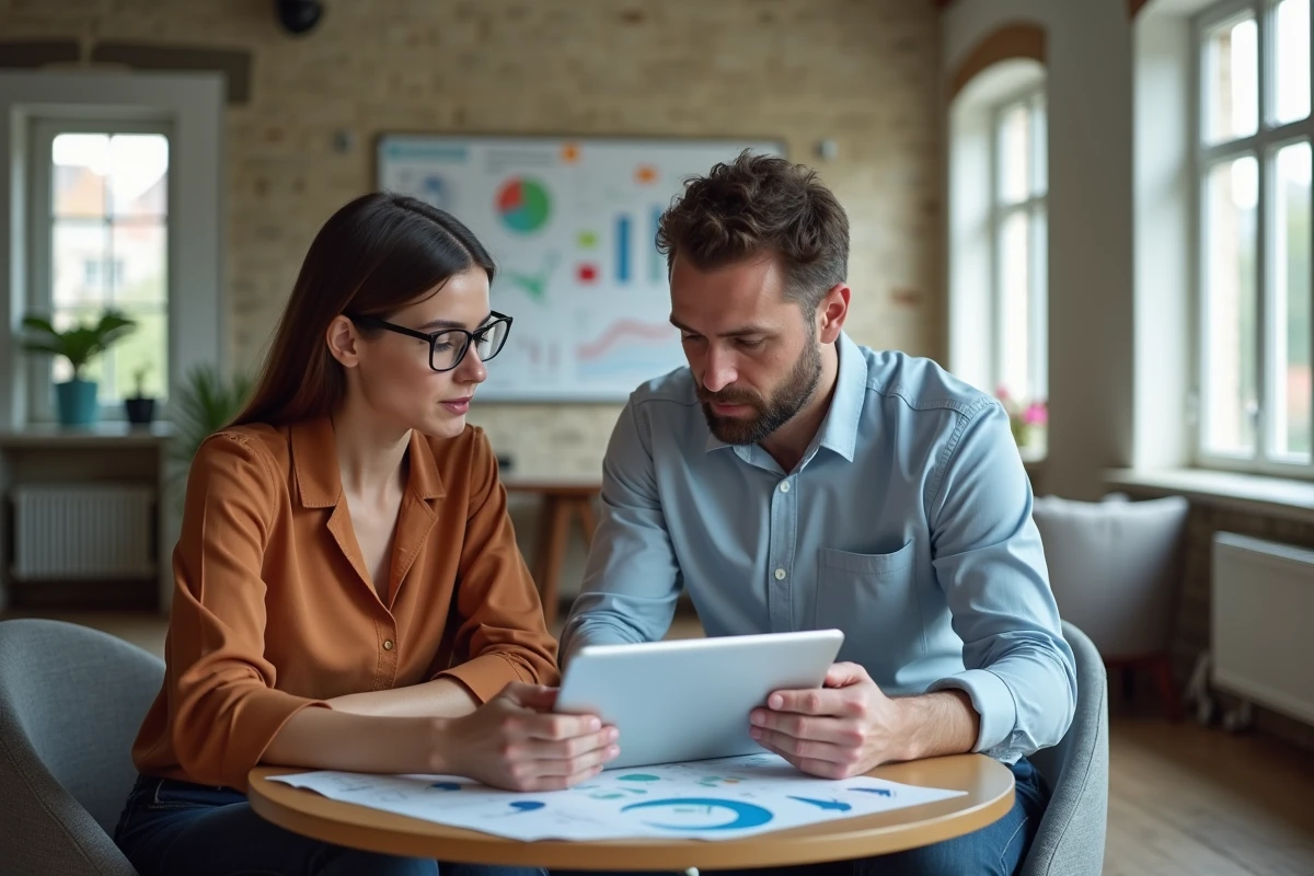 Deux professionnels du numérique collaborant sur une tablette dans un bureau moderne de Saint-Malo avec vue sur les remparts, représentant l'innovation web en Bretagne en 2024