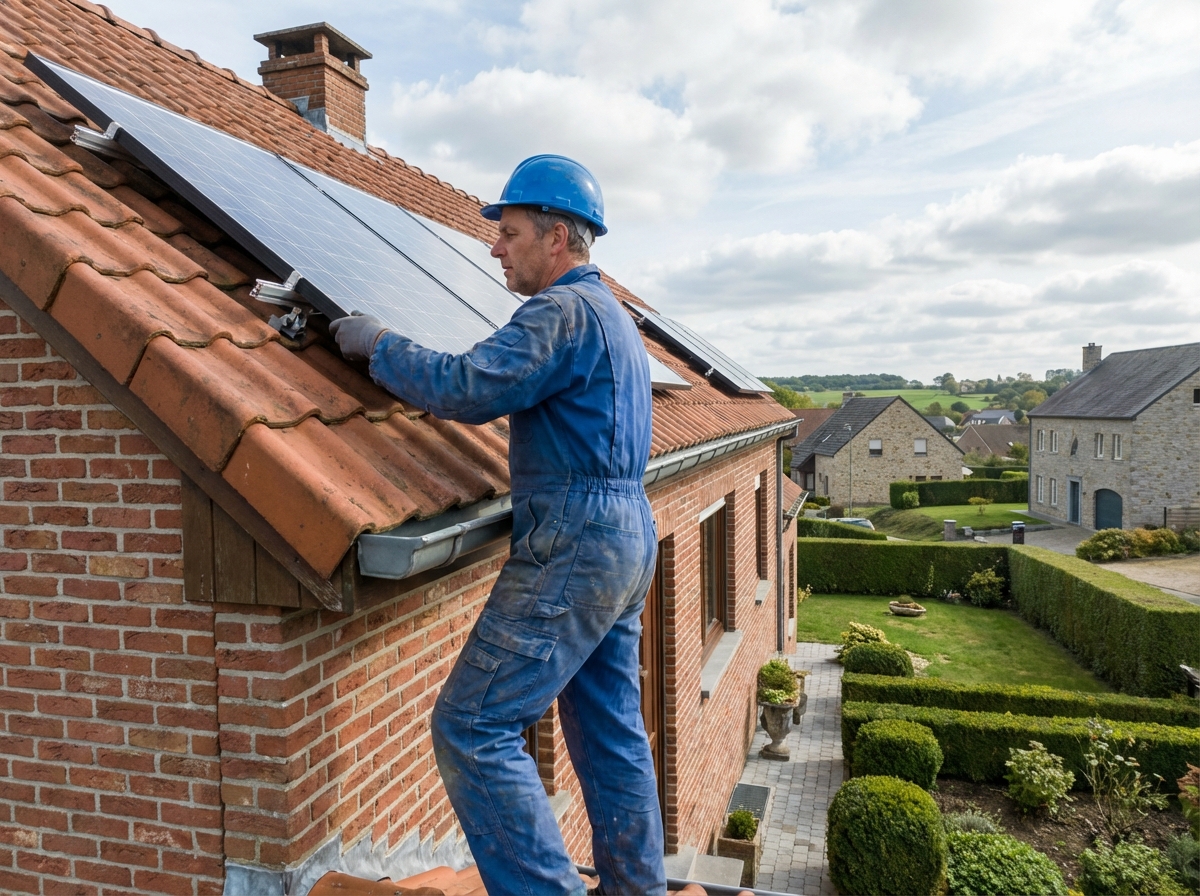 Installateur posant des panneaux solaires sur une maison