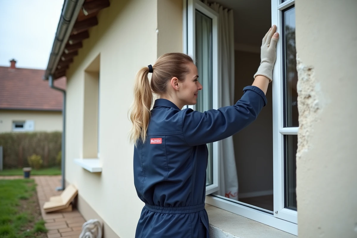 Pose d'une fenêtre PVC double vitrage par une installatrice professionnelle sur une maison individuelle en France