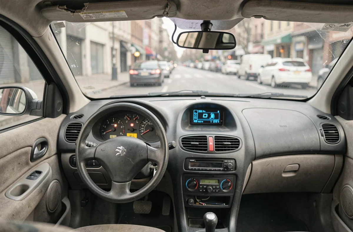 Intérieur d'une Peugeot 206 avec voyants de pression d'huile et température allumés sur le tableau de bord