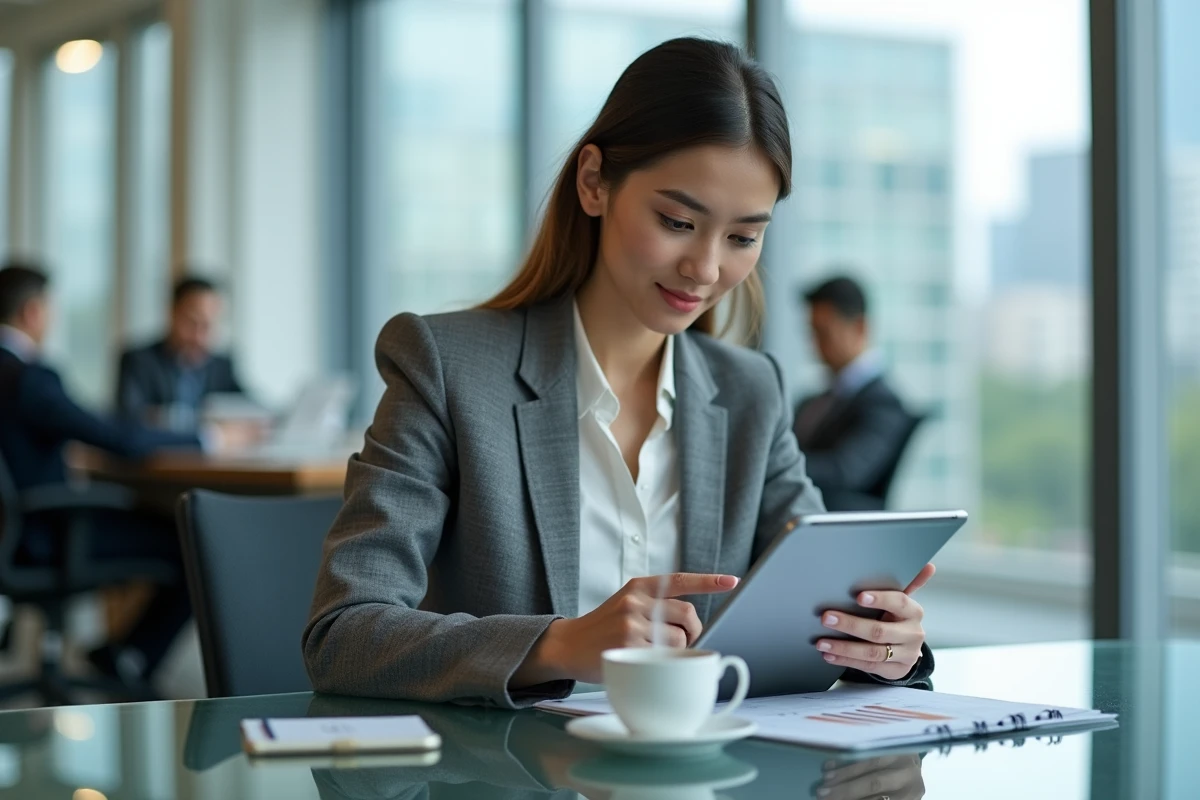 Jeune investisseuse consultant des données financières sur tablette dans un bureau professionnel moderne