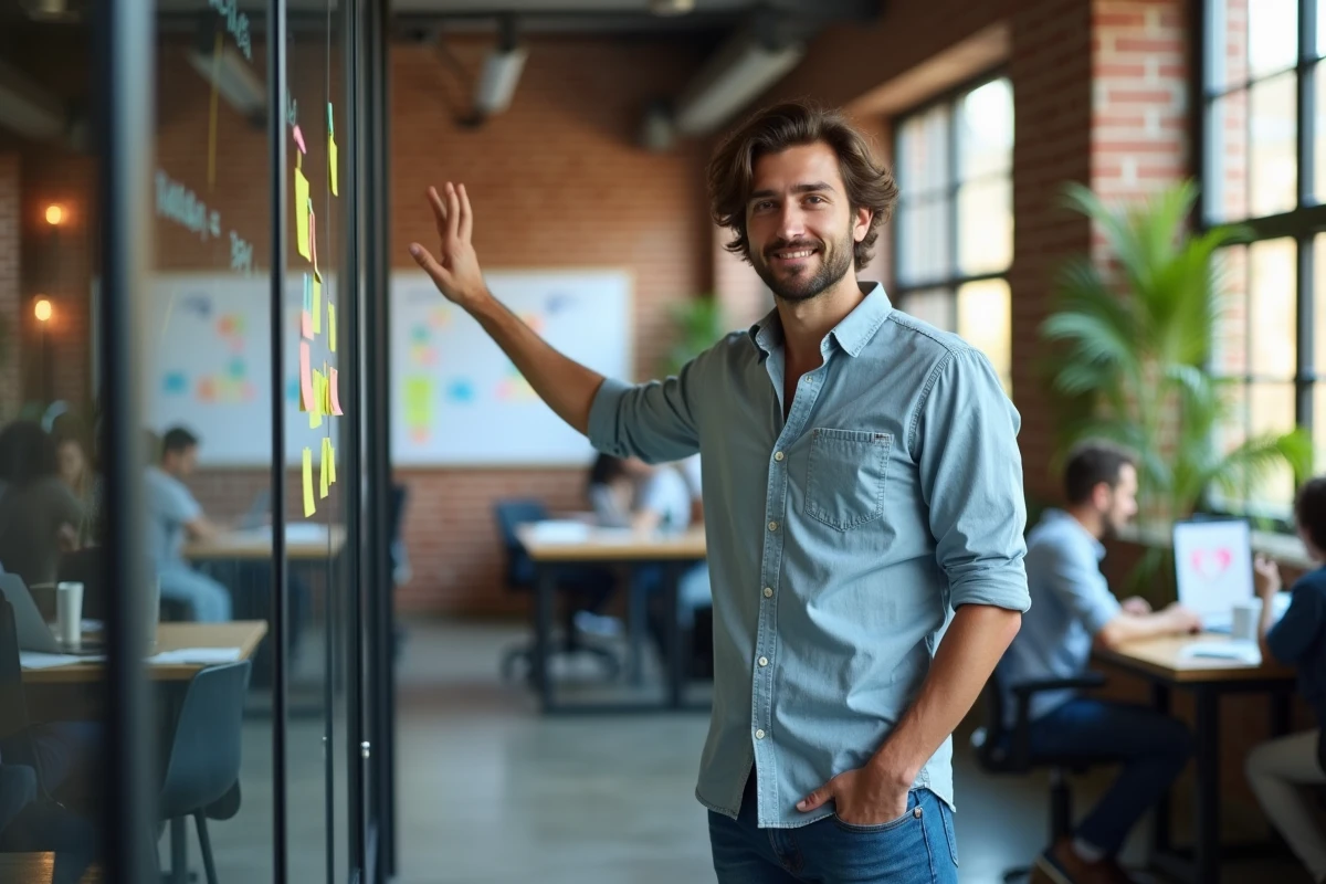 Jeune entrepreneur dans espace coworking dynamique