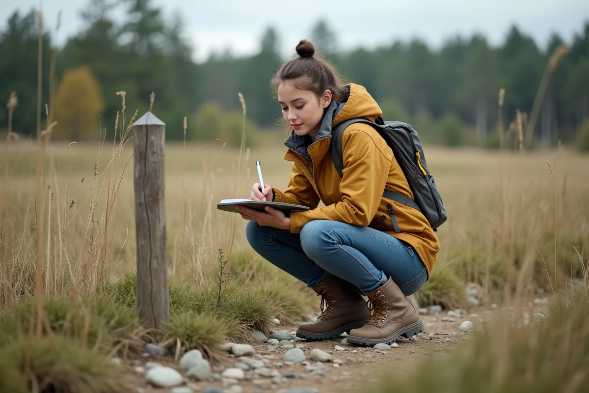 Jeune femme examine un marqueur dans la prairie